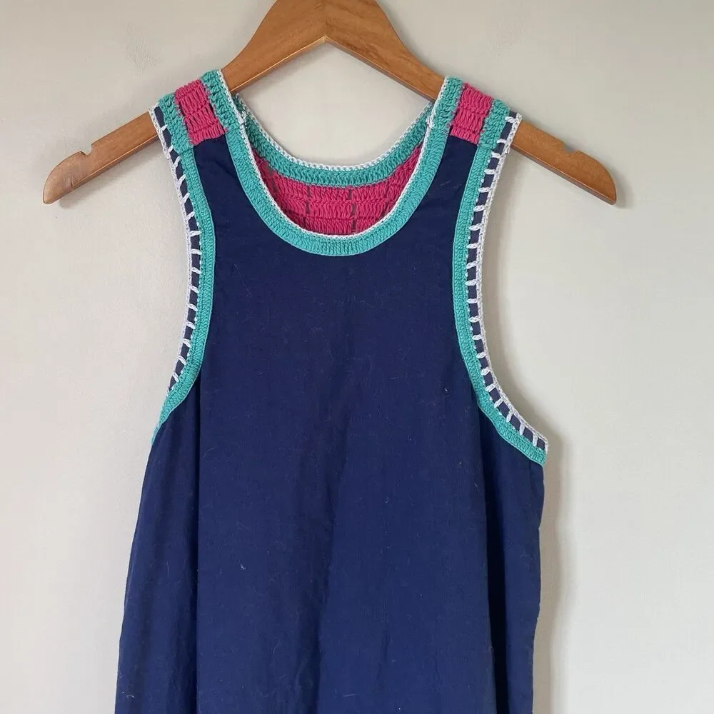 Akemi & Kin Linen Blend Crochet Knit Midi Dress Blue Pink Sleeveless Women's XS
